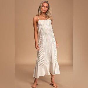 Lulus Girl Power Cream Metallic Multi Striped Ruffled Maxi Dress in L